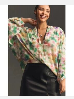 Pilcro The Sidney Batwing Multicolor Watercolor V-Neck Blouse Sz XS Boho Spring